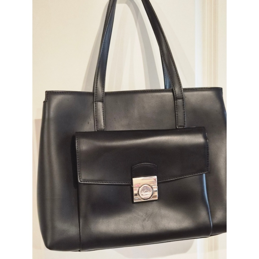 Carpisa Vera Pelle Black Leather Tote Bag Made in Italy Turtle Logo Shoulder Bag